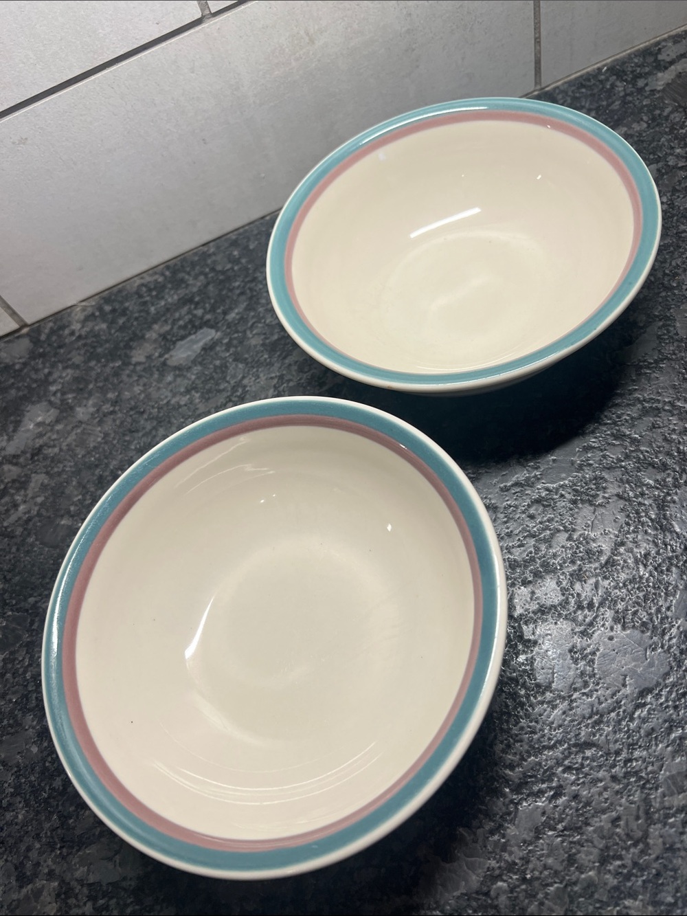 Pfaltzgraff JUNIPER Stoneware Soup or cereal Bowls in Cream & Teal and Mauve Rim